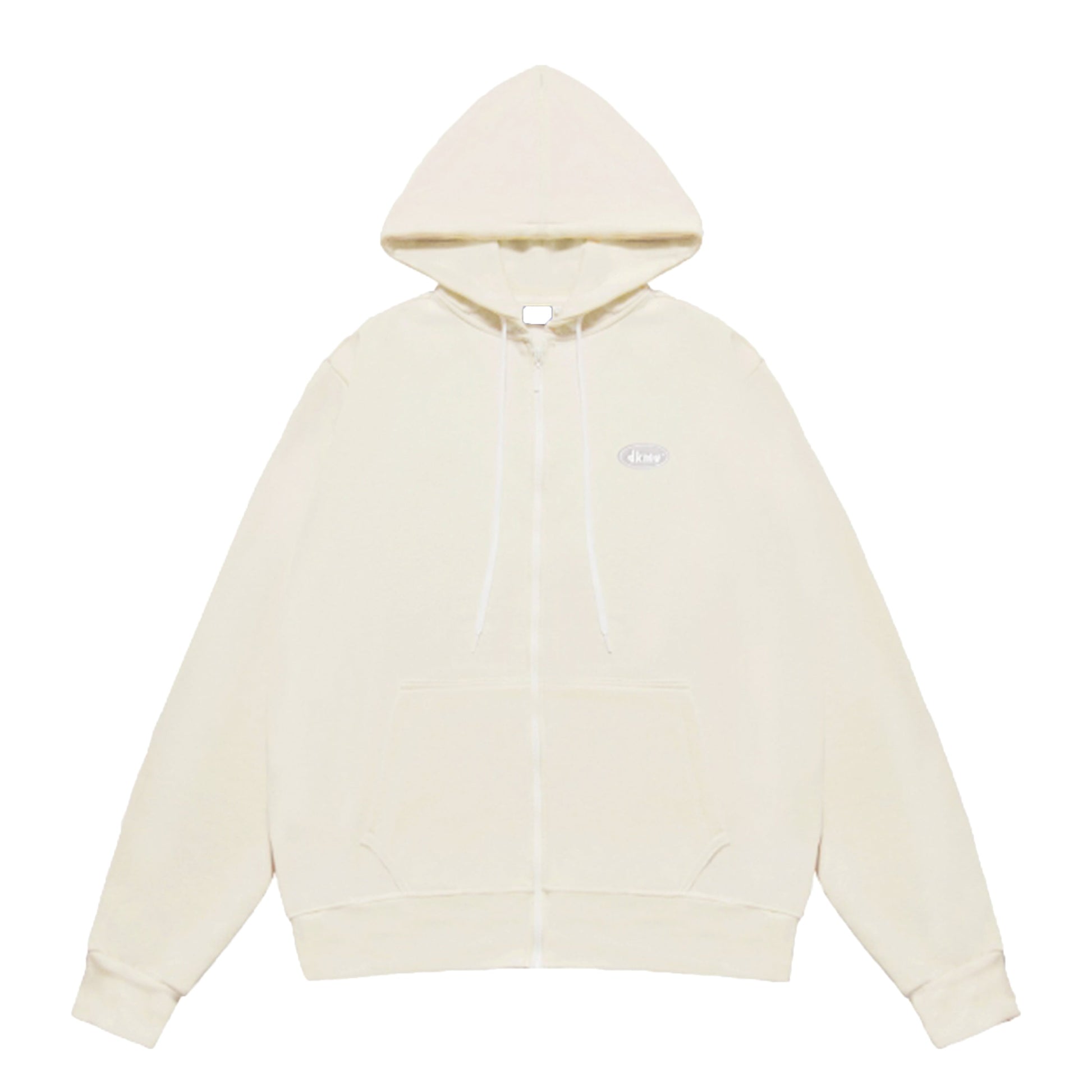 Beige hoodie with a small logo on a white background