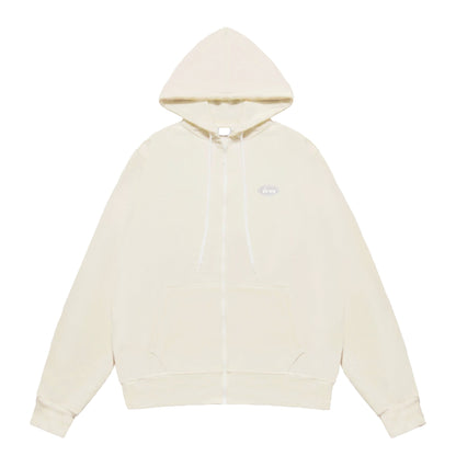Beige hoodie with a small logo on a white background