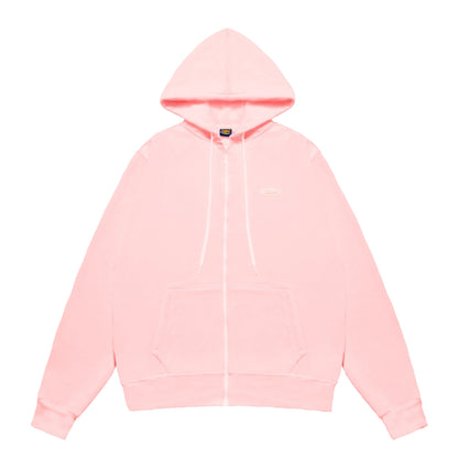 Pink hoodie with a brand logo on a white background