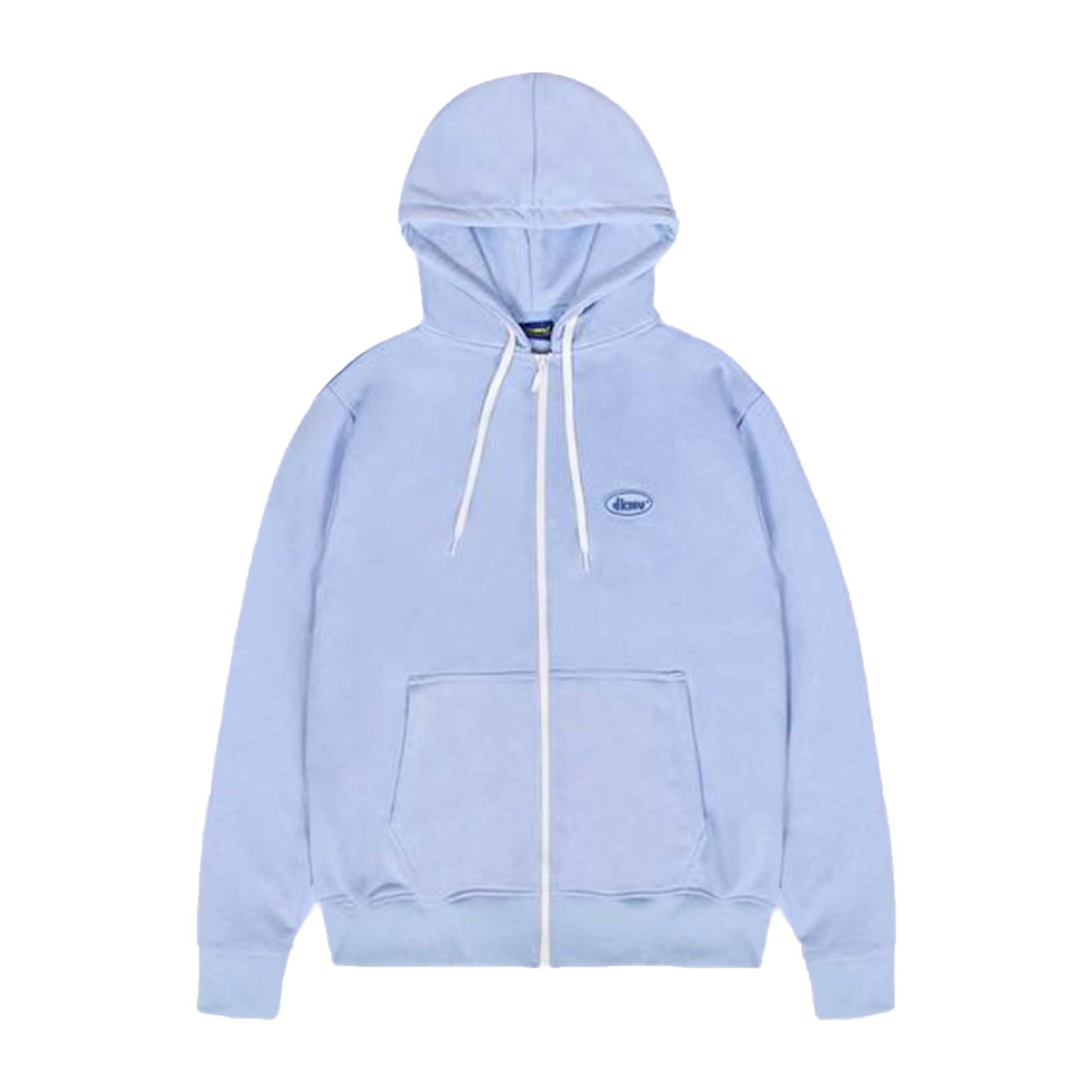 Light blue hoodie with a brand logo on a white background