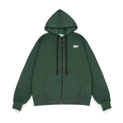 Green hoodie with a brand logo on a white background