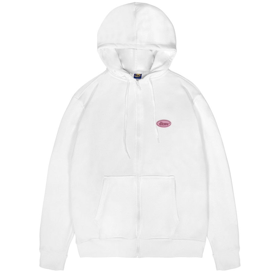 White hoodie with a small red logo on a white background