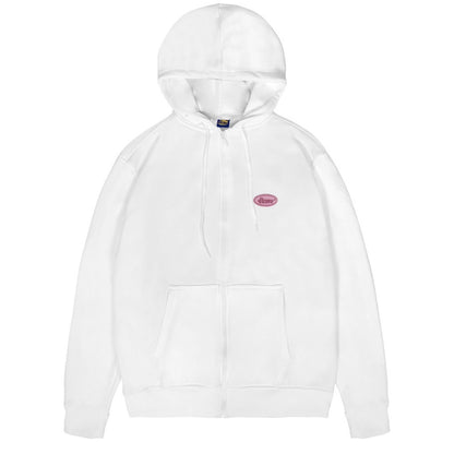 White hoodie with a small red logo on a white background