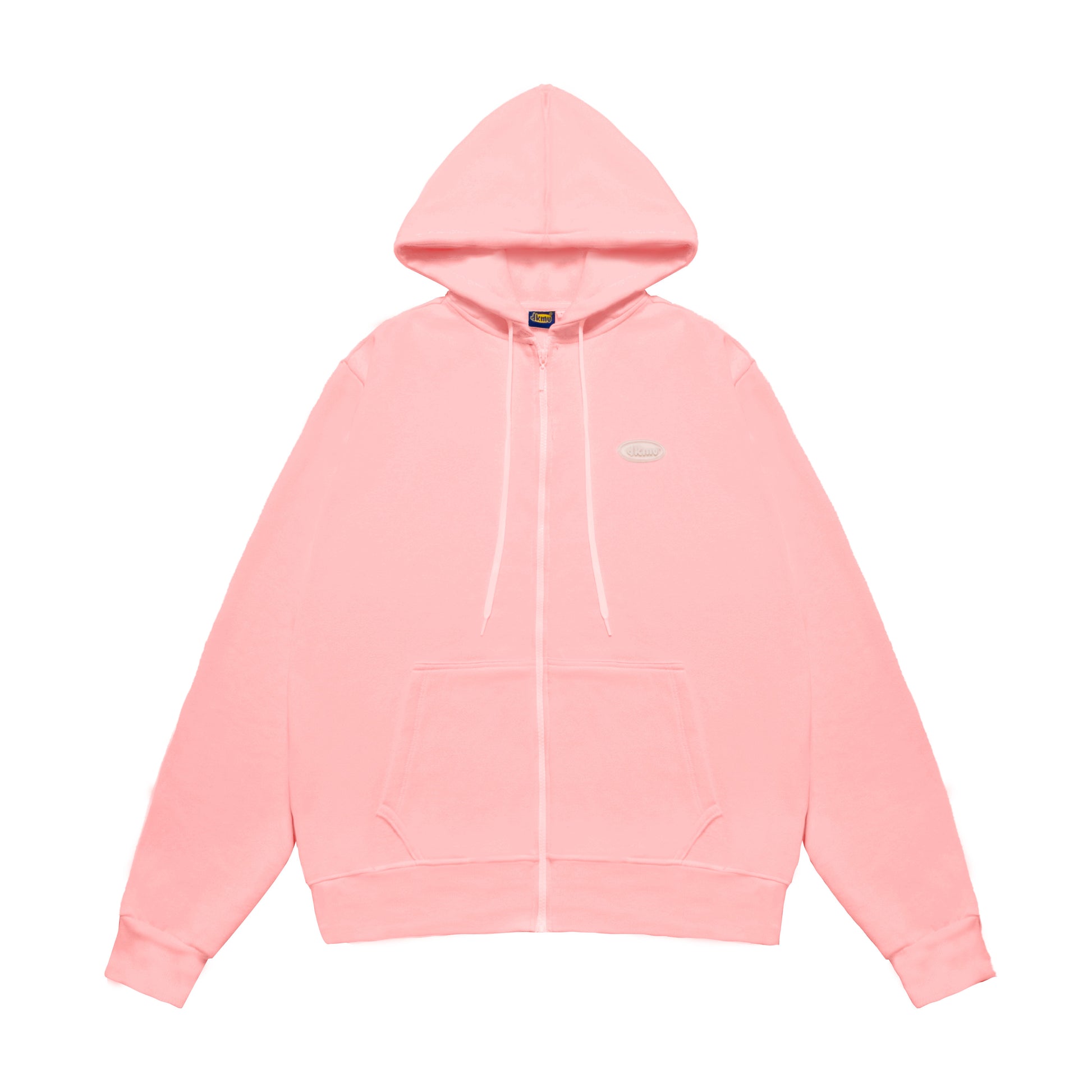 Pink hoodie with a brand logo on a white background