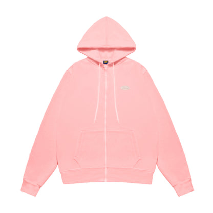 Pink hoodie with a brand logo on a white background