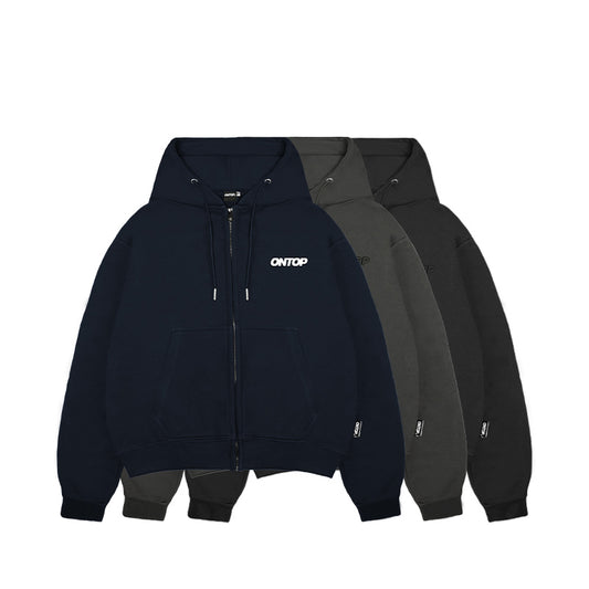 Three hoodies in black, gray, and navy with a brand logo on a white background