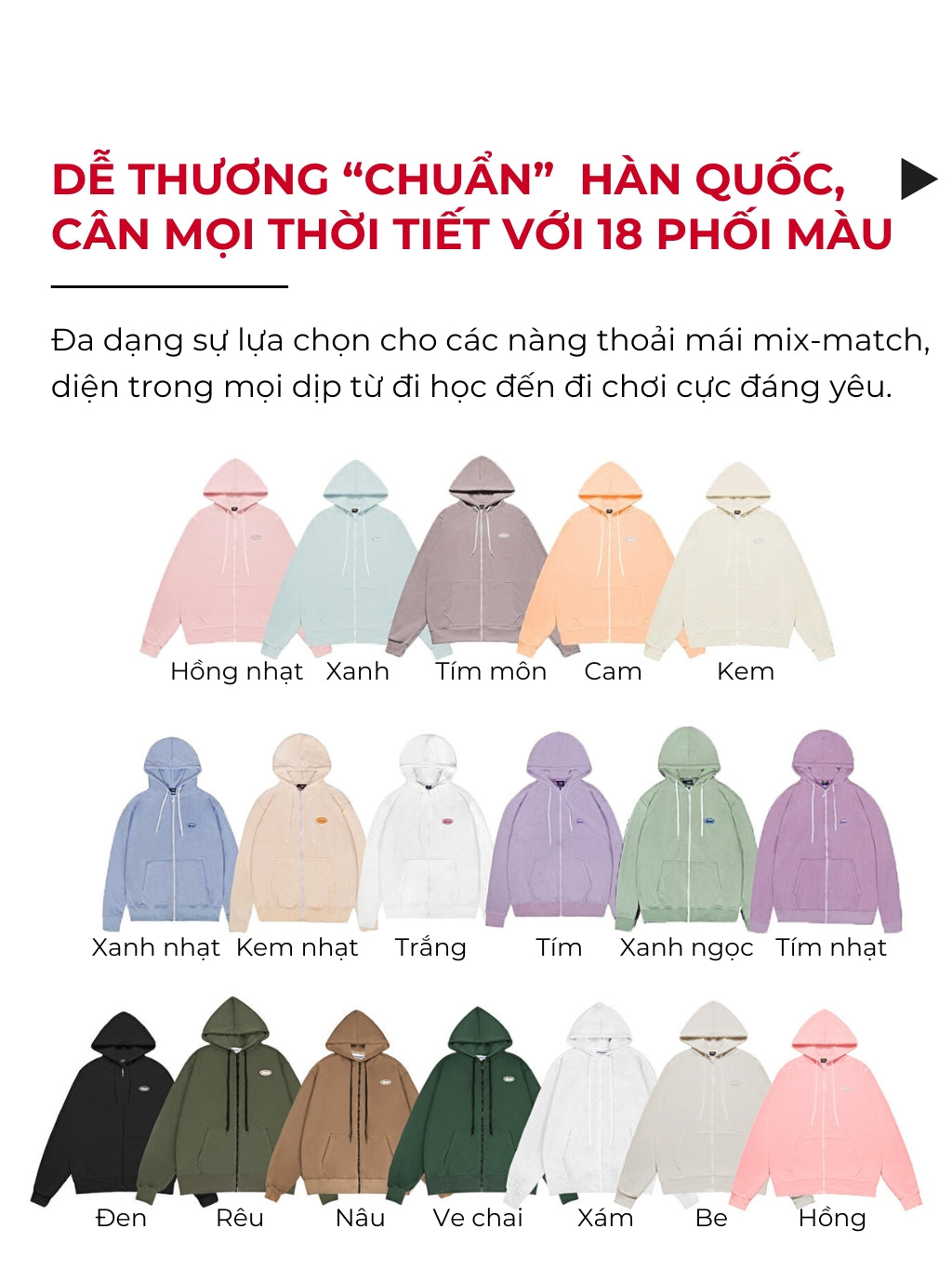 Collection of hoodies in various colors with text in Vietnamese describing the brand and color options.