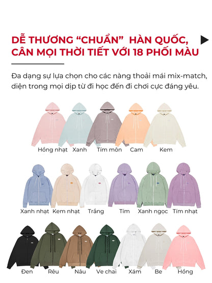 Collection of hoodies in various colors with text in Vietnamese describing the brand and color options.