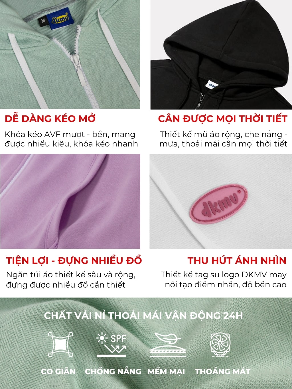 Product advertisement with hoodies and text in Vietnamese describing features and benefits.