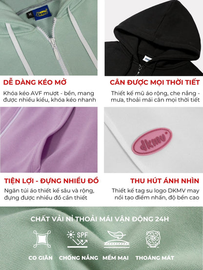 Product advertisement with hoodies and text in Vietnamese describing features and benefits.