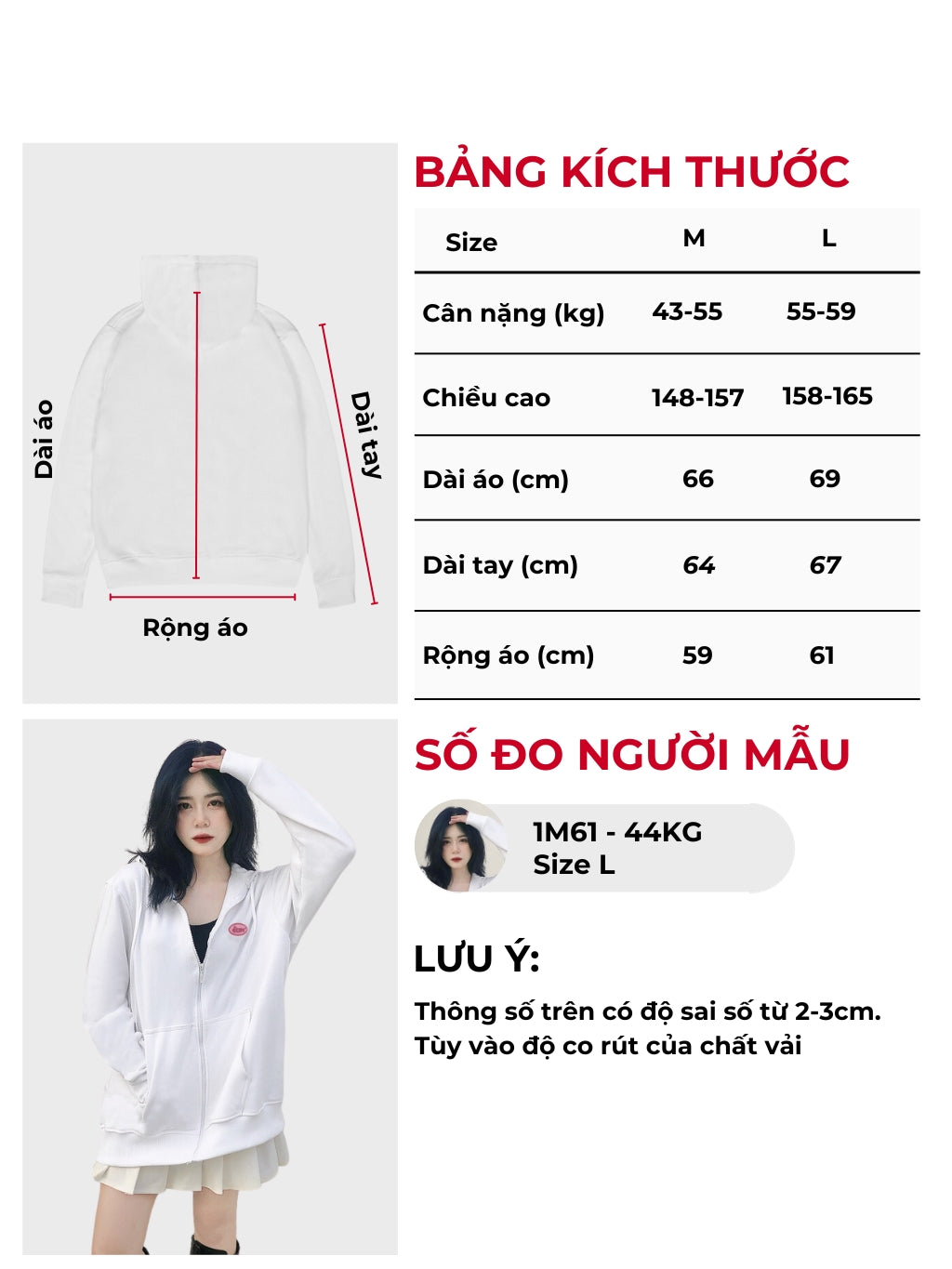 Measurement chart for a white lab coat with size chart and model wearing the coat.