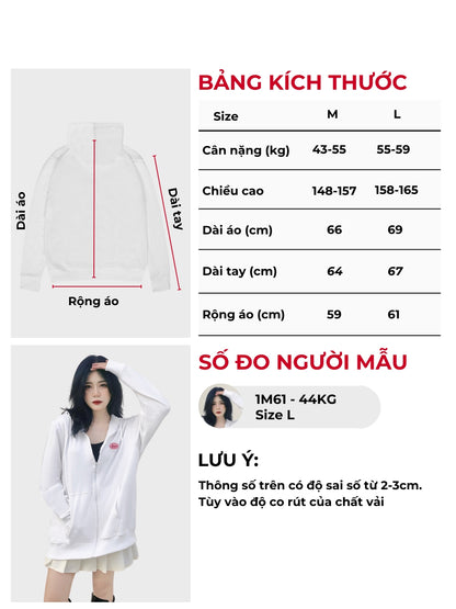 Measurement chart for a white lab coat with size chart and model wearing the coat.