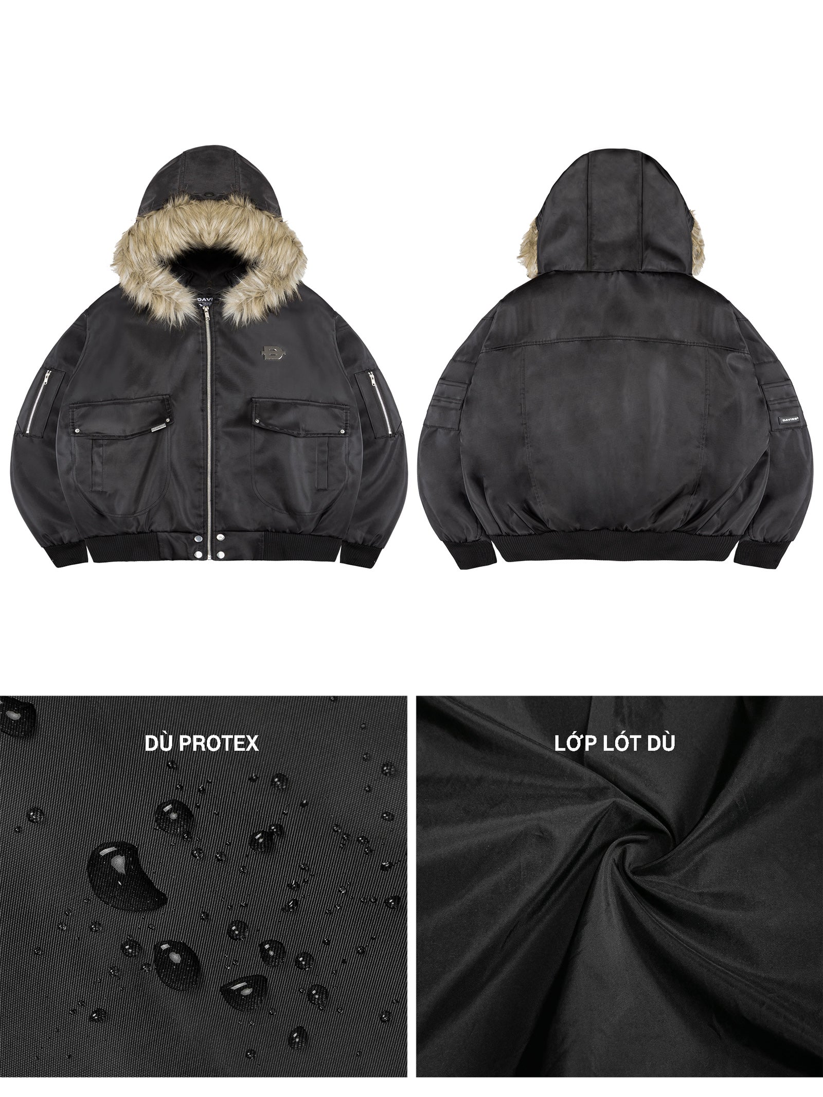 Black jacket with fur hood shown from front and back, with water droplet and fabric texture details.