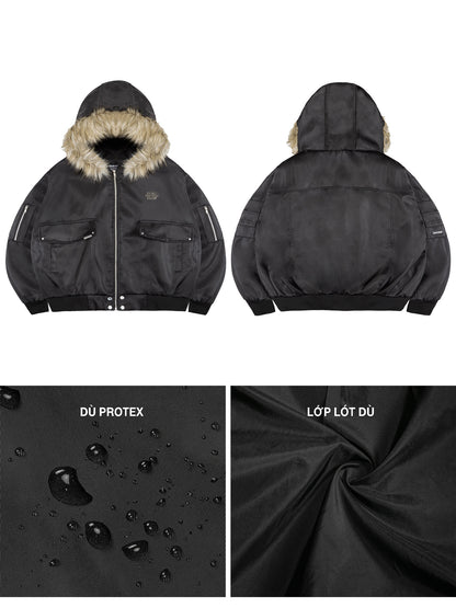 Black jacket with fur hood shown from front and back, with water droplet and fabric texture details.