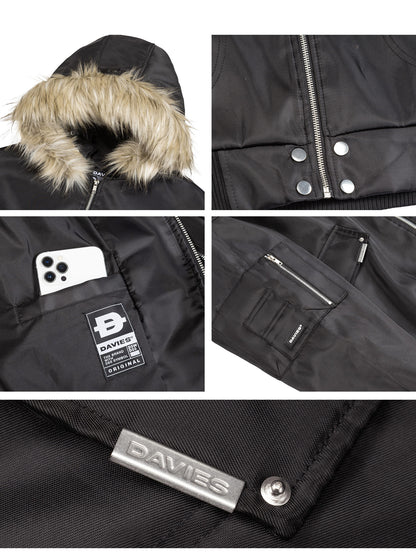 Collage of a black jacket with fur hood, zipper, and pocket details, featuring the brand 'DAVIES'.
