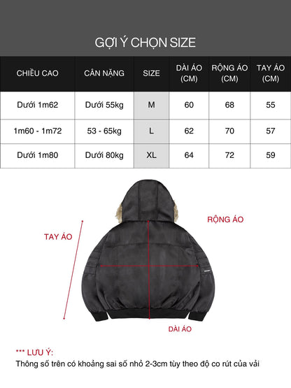 Size chart for a jacket with measurements in centimeters