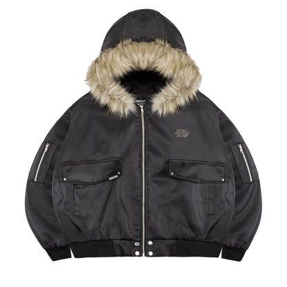 Black jacket with fur-lined hood on a white background