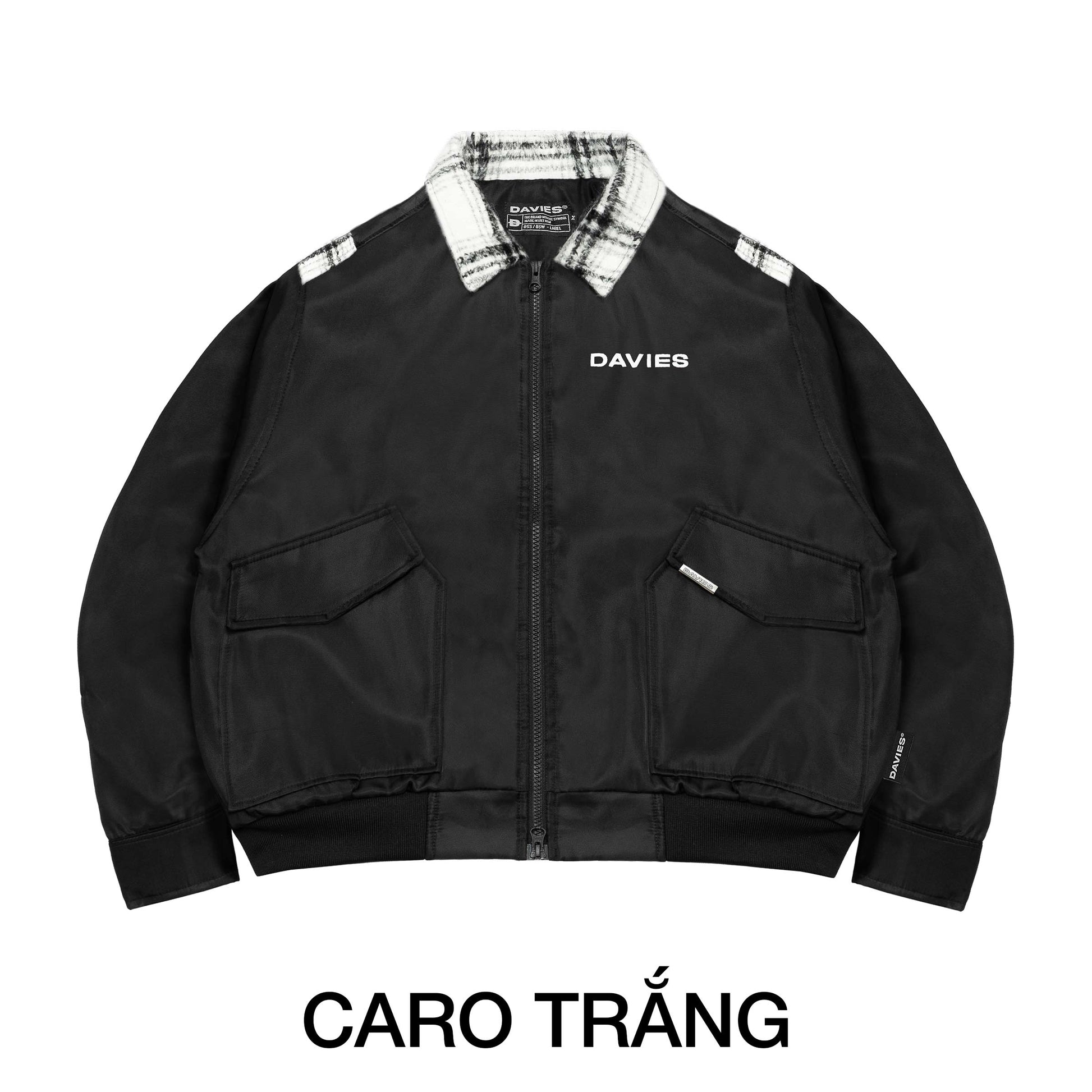 Black jacket with plaid collar and 'DAVIES' branding on a white background