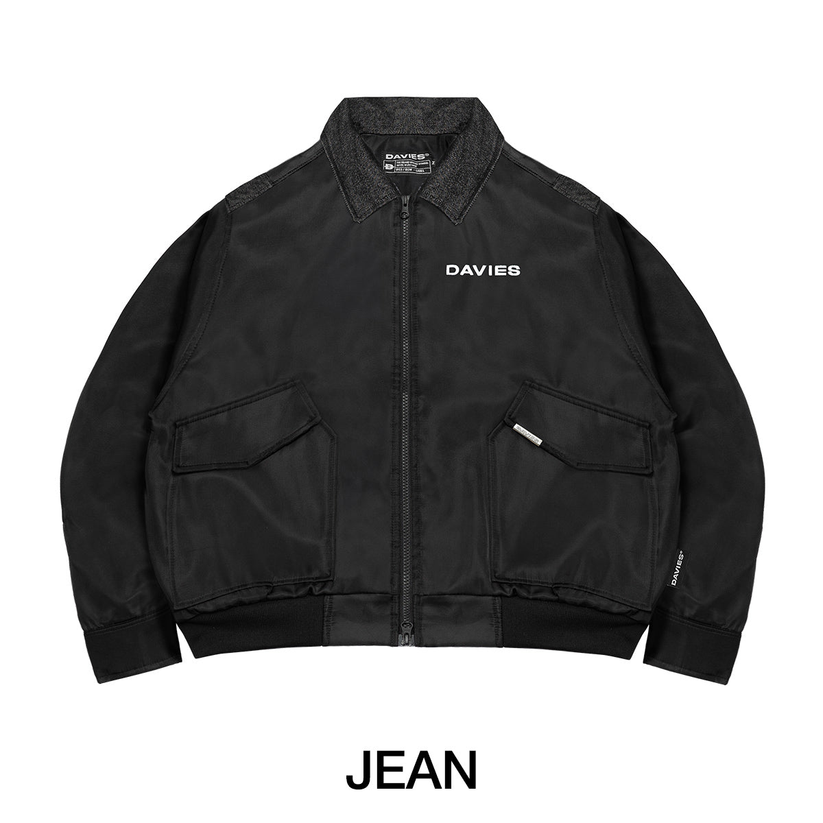 Black jacket with 'DAVIES' branding on a white background