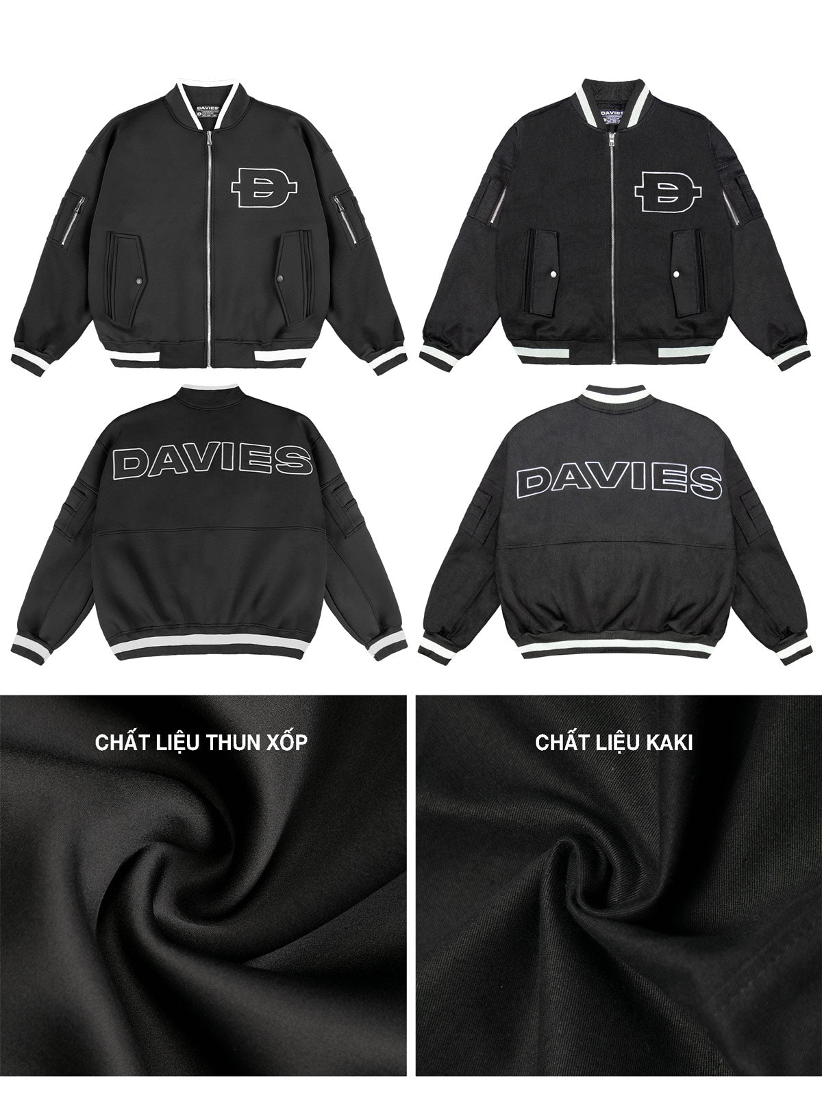 Black jacket with 'DAVIES' branding on a white background, showing front, back, and fabric texture.