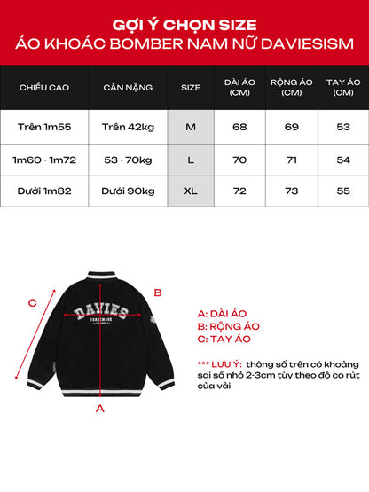 Size chart for Davies bomber jacket with jacket illustration and measurements.