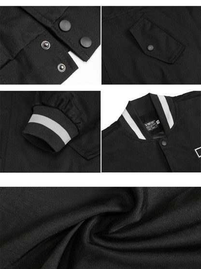 Black jacket with button details, pocket, sleeve, collar, and fabric texture shown in close-up.