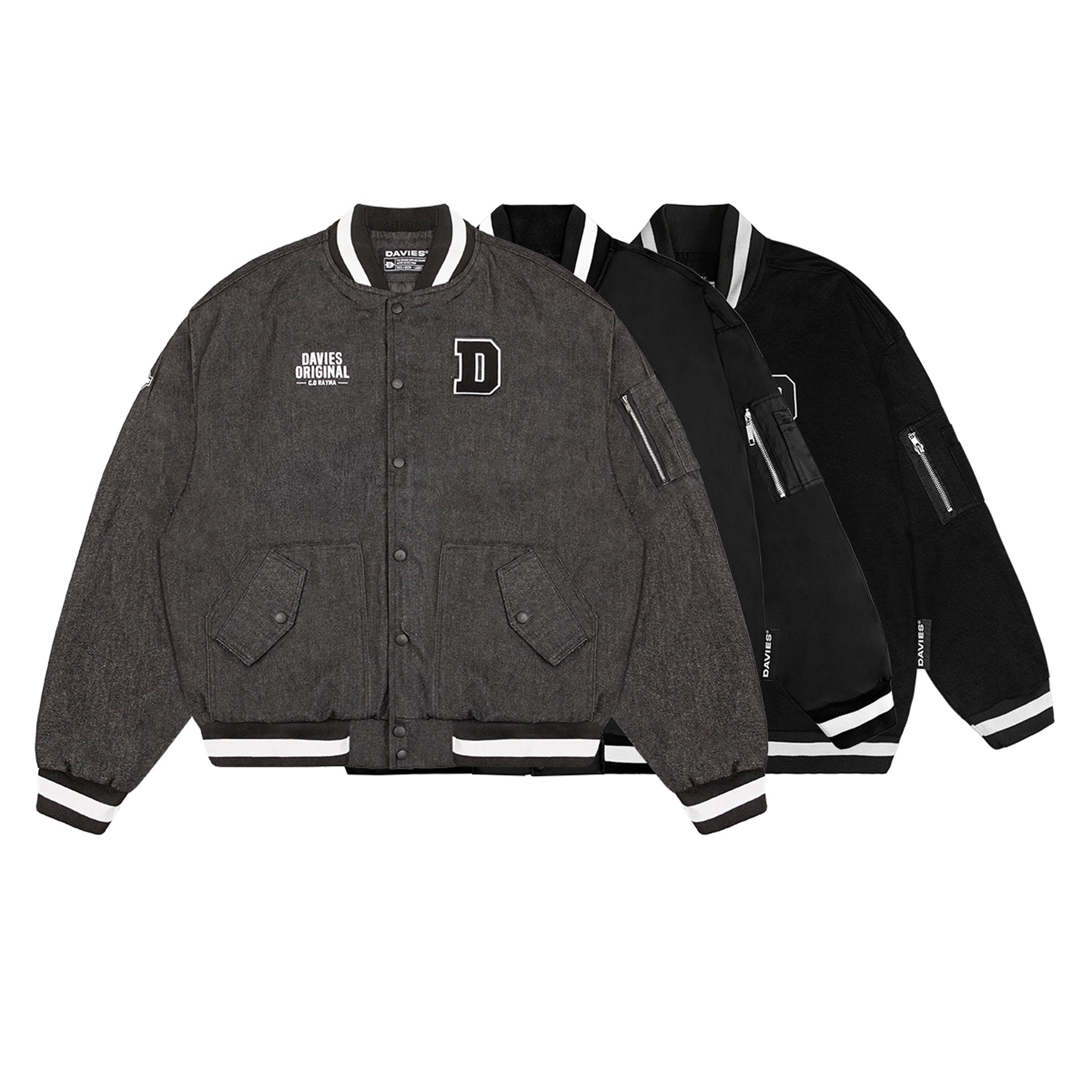 Gray varsity jacket with brand logo on a white background
