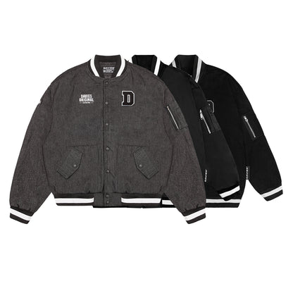Gray varsity jacket with brand logo on a white background