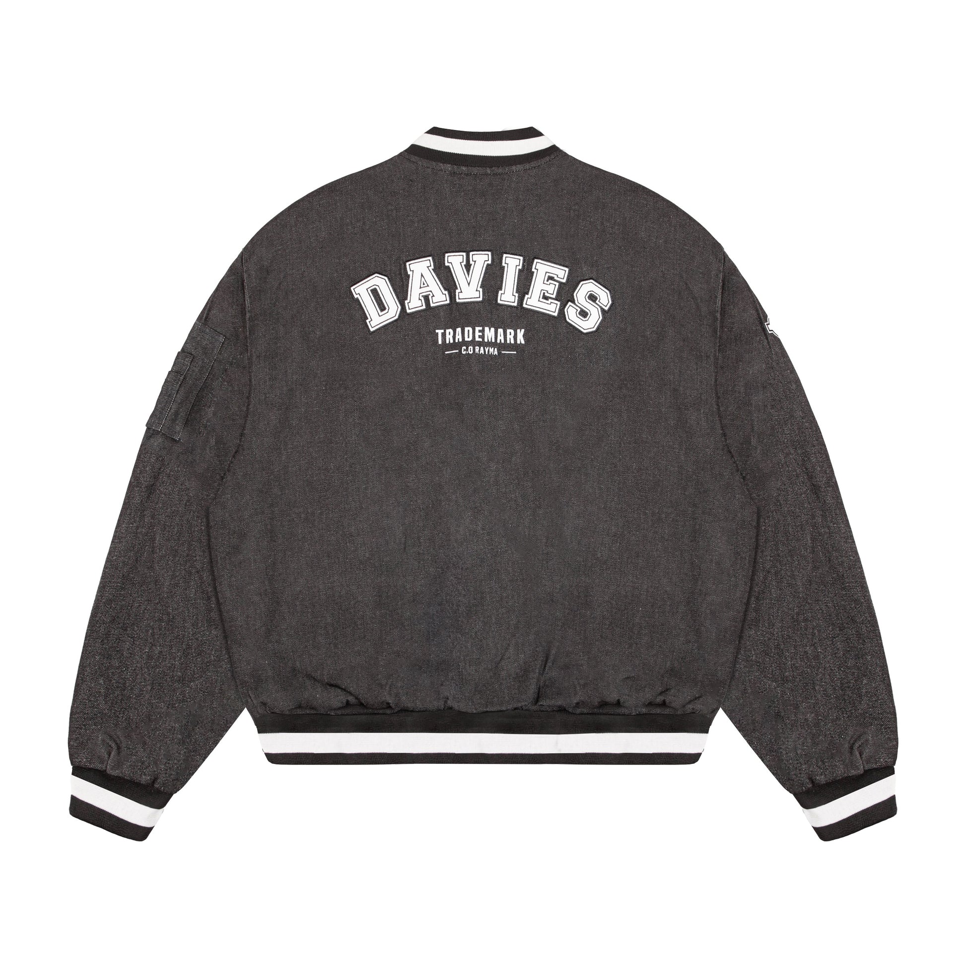 Gray jacket with 'DAVIES' branding on the back against a white background
