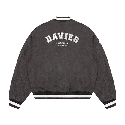 Gray jacket with 'DAVIES' branding on the back against a white background