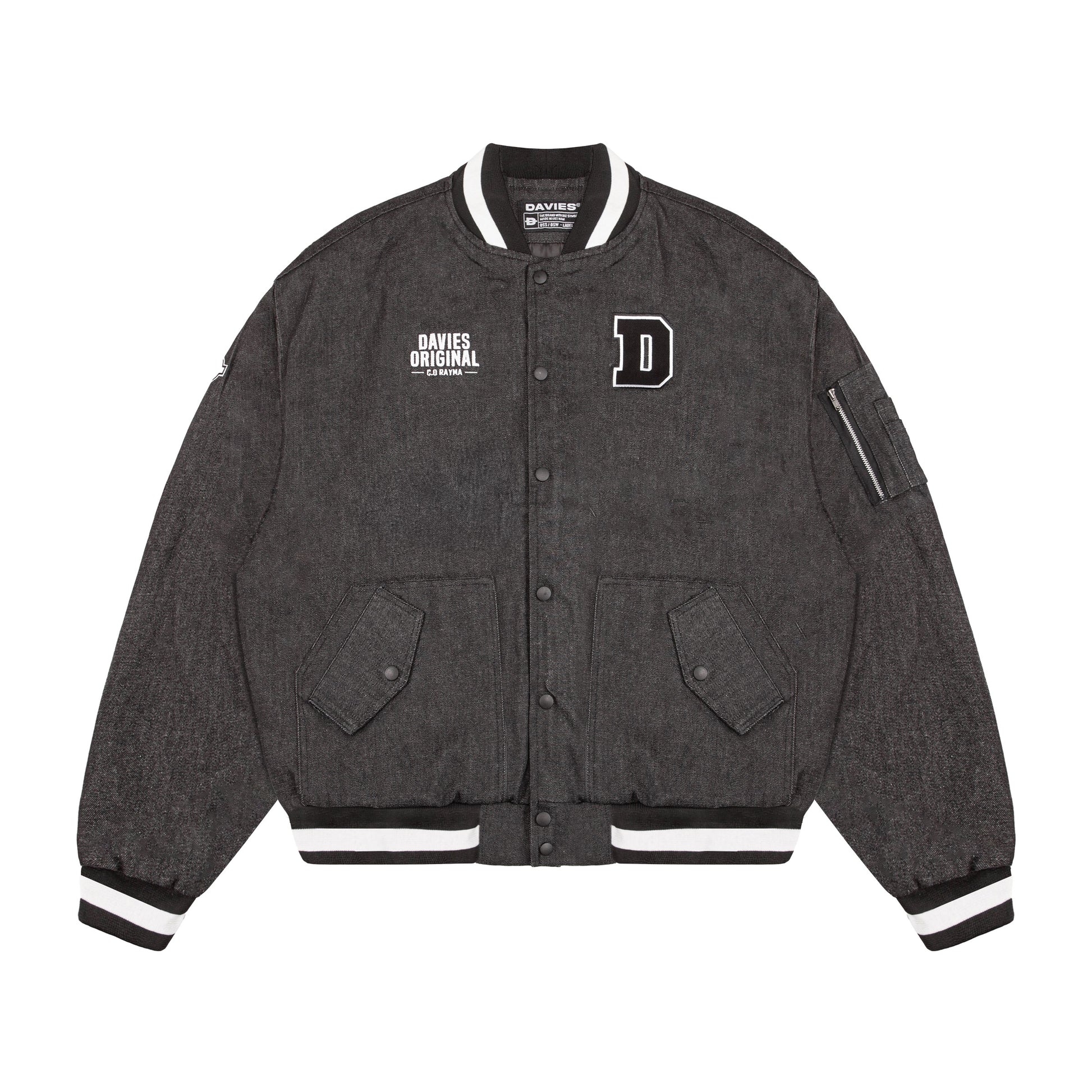 Gray varsity jacket with brand logo on a white background