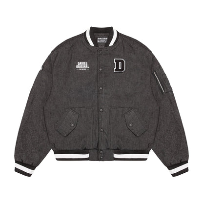 Gray varsity jacket with brand logo on a white background