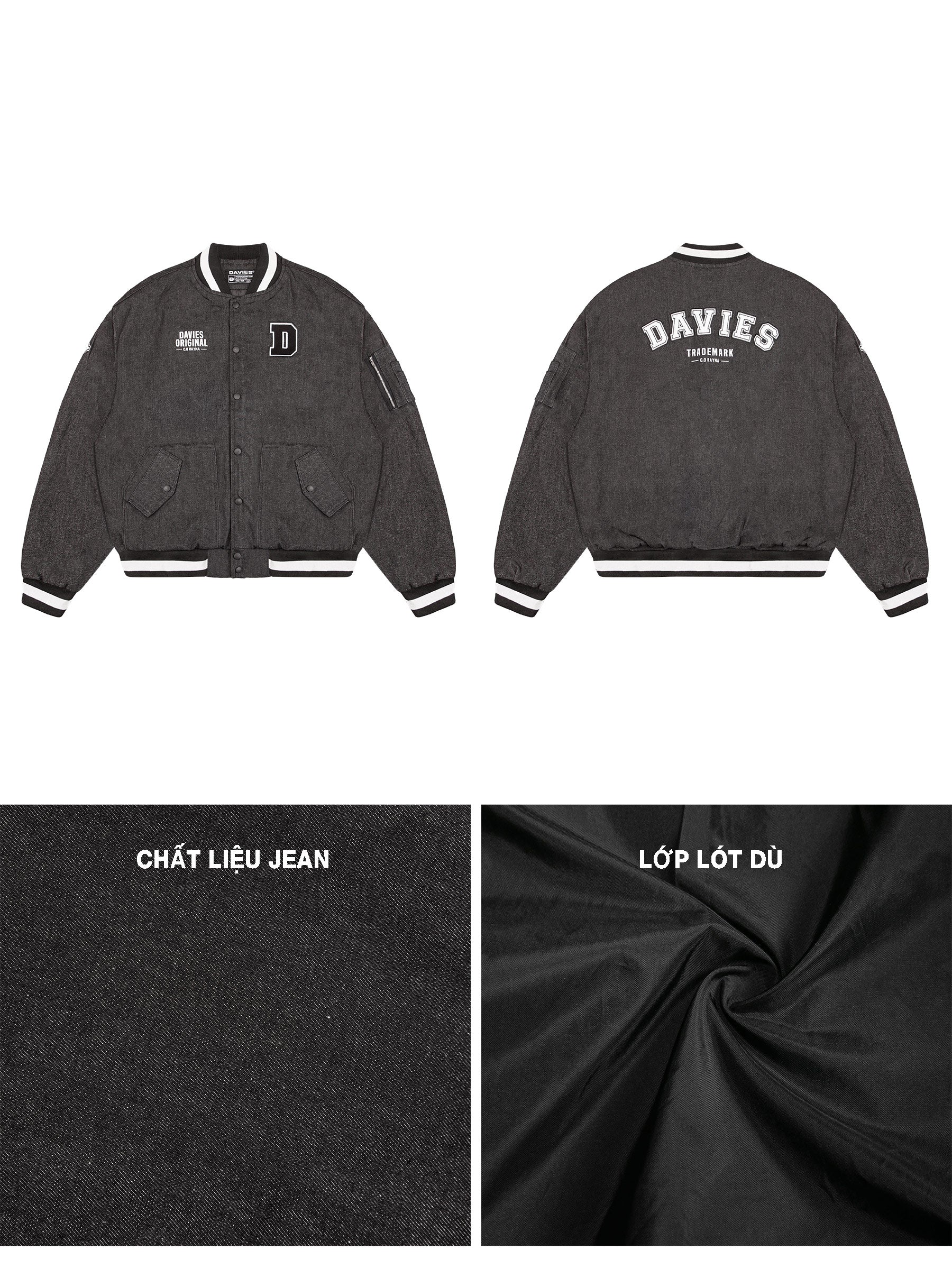 Black jacket with brand logo, fabric texture close-up, and material details on a white background
