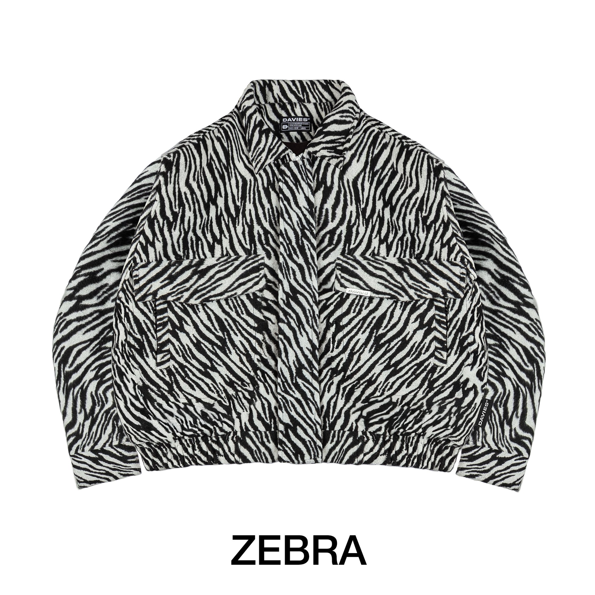 Zebra patterned jacket on a white background with 'ZEBRA' text below.