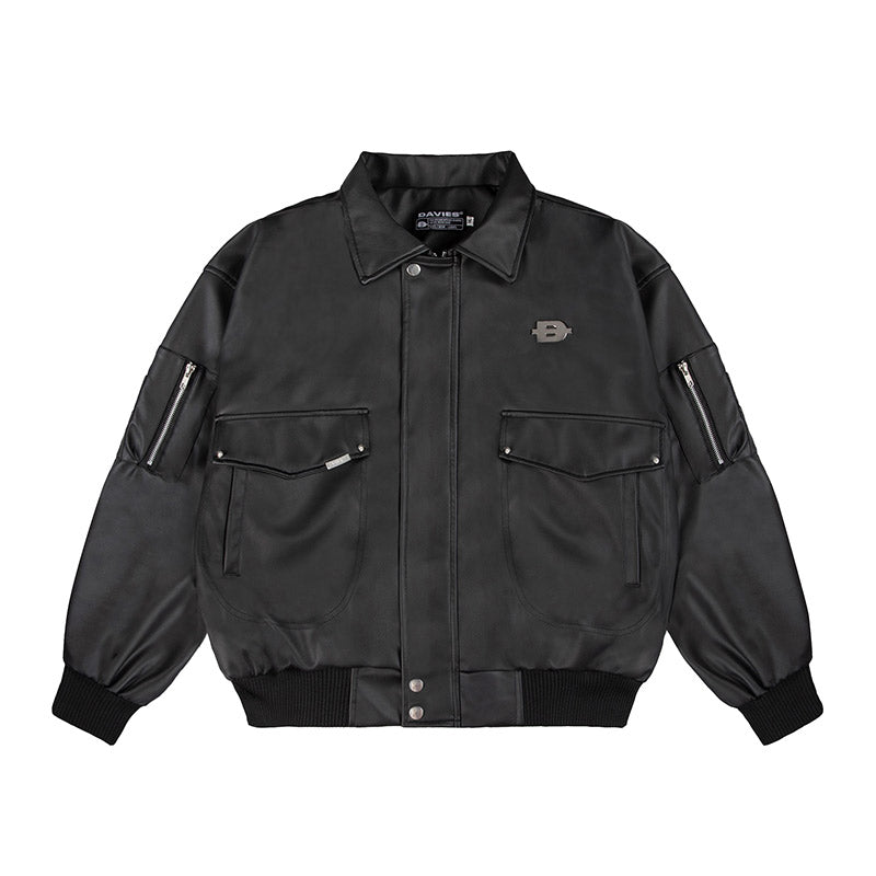 Black bomber jacket with brand logo on a white background