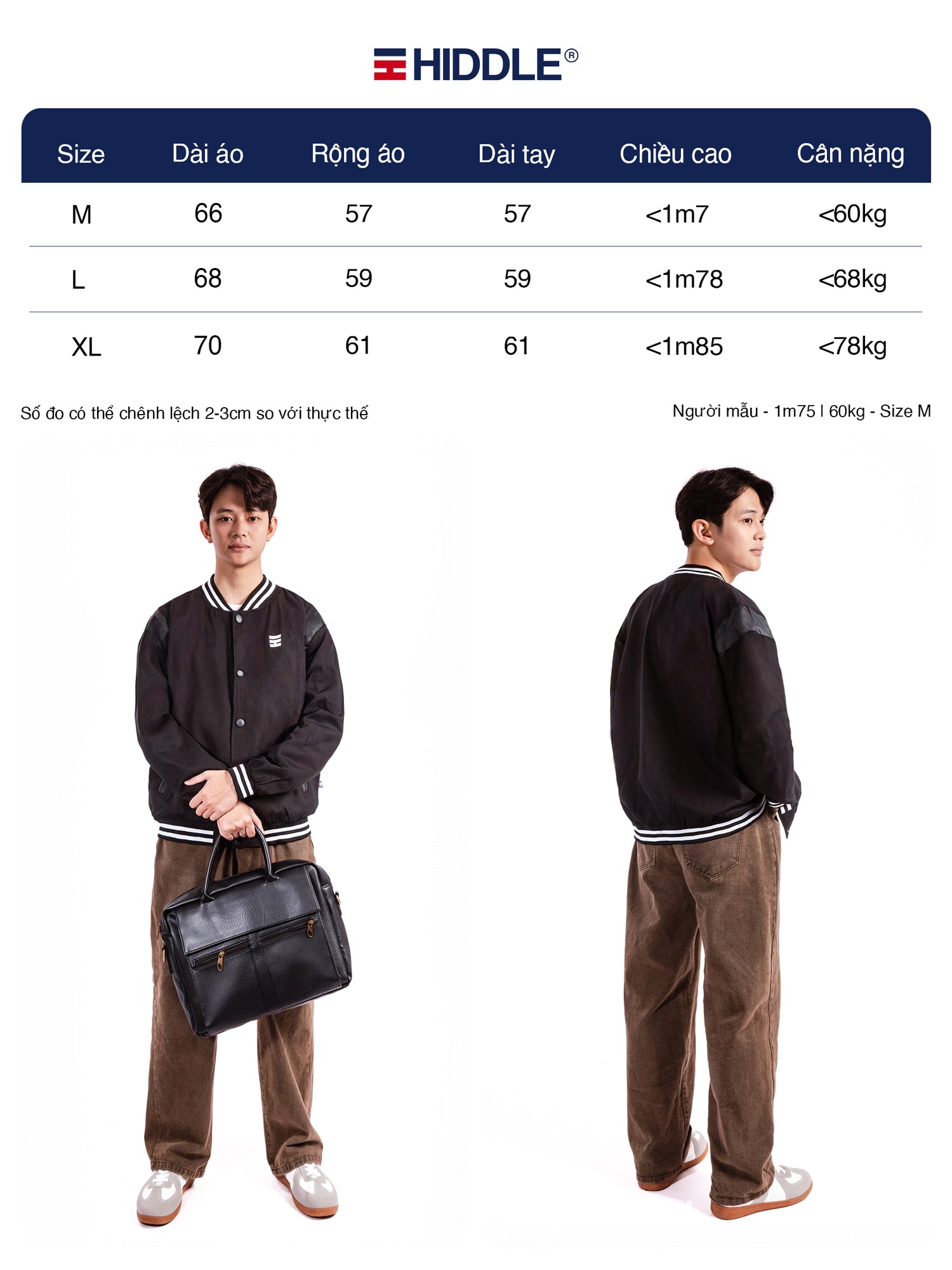 Measurement chart for a jacket with a person wearing it, showing size dimensions.