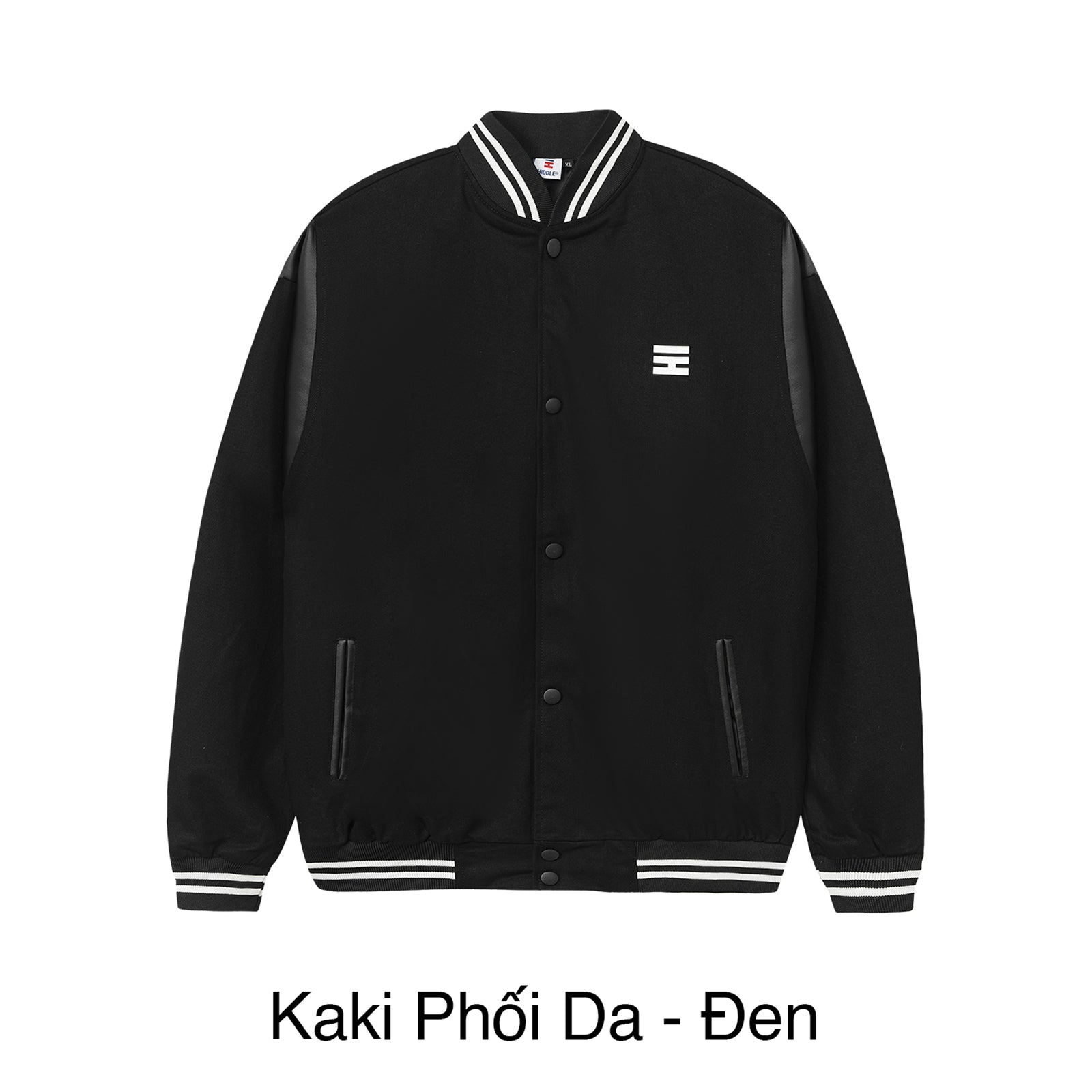 Black varsity jacket with white accents on a white background