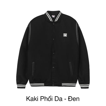 Black varsity jacket with white accents on a white background