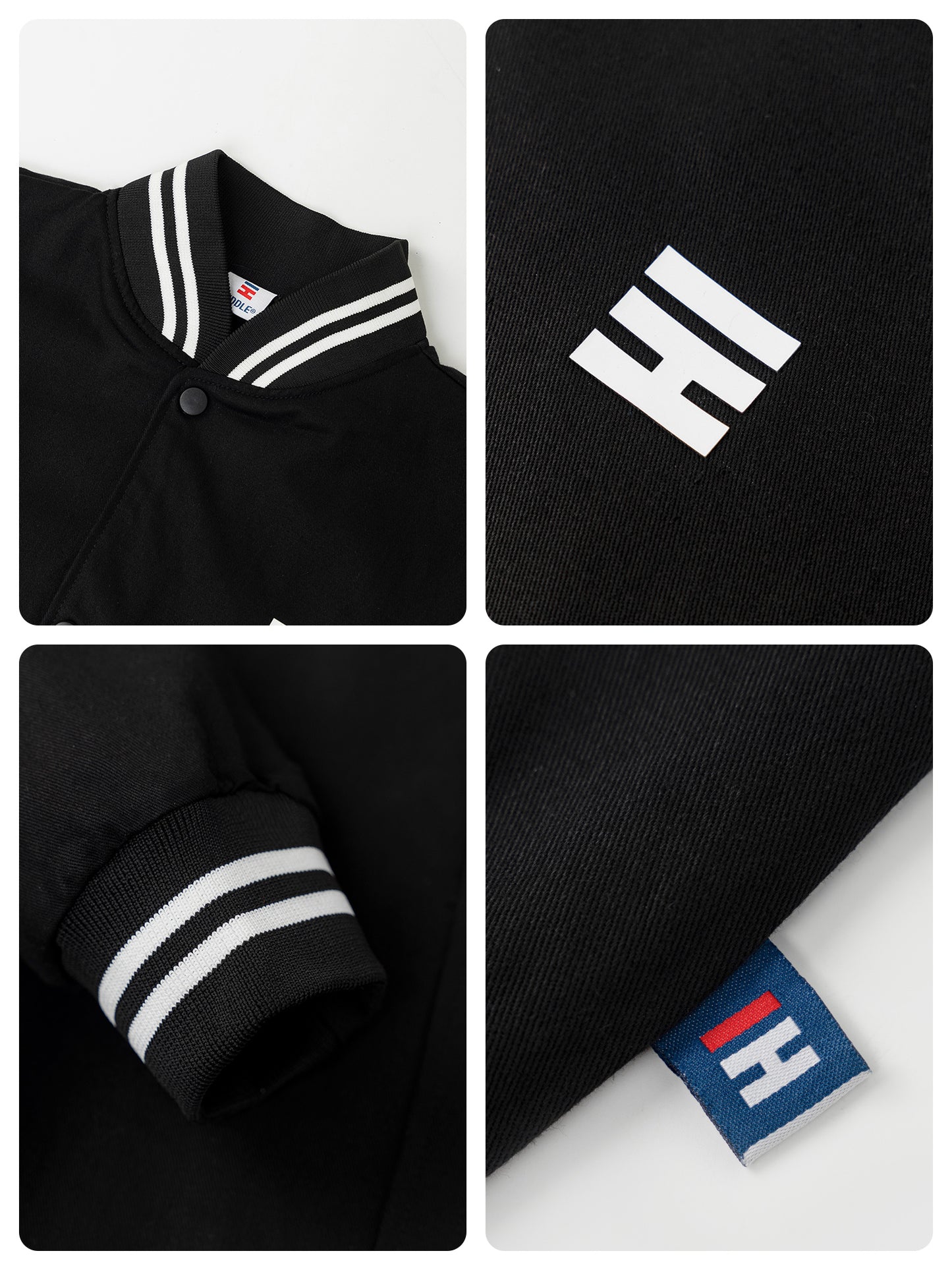Black jacket with white stripes and logo on a white background