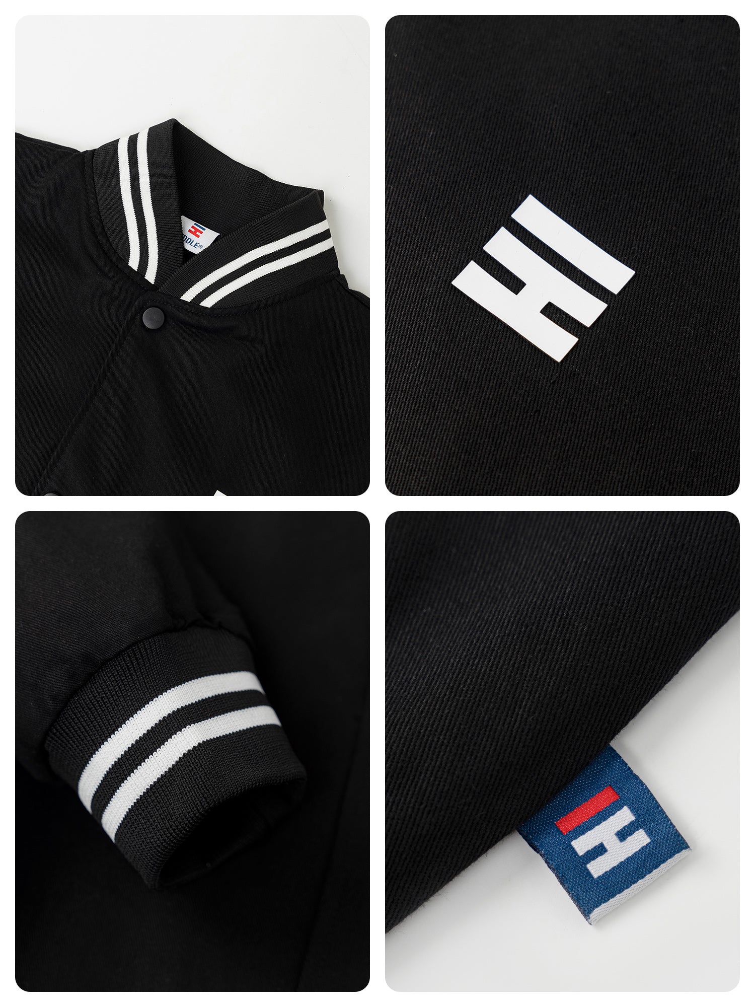 Black jacket with white stripes and logo on a white background