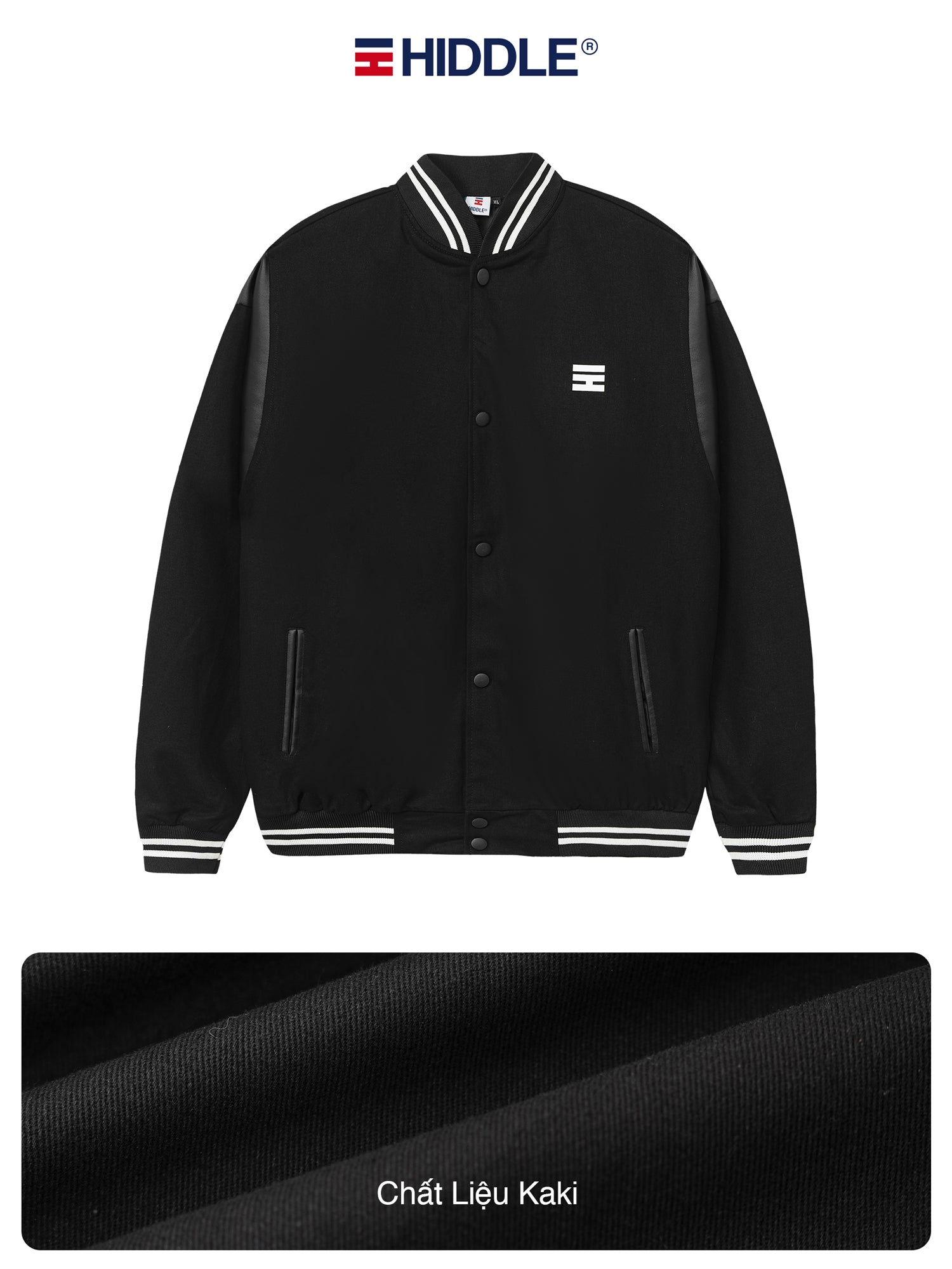 Black jacket with white trim and logo, displayed on a white background with 'Hiddle' branding.