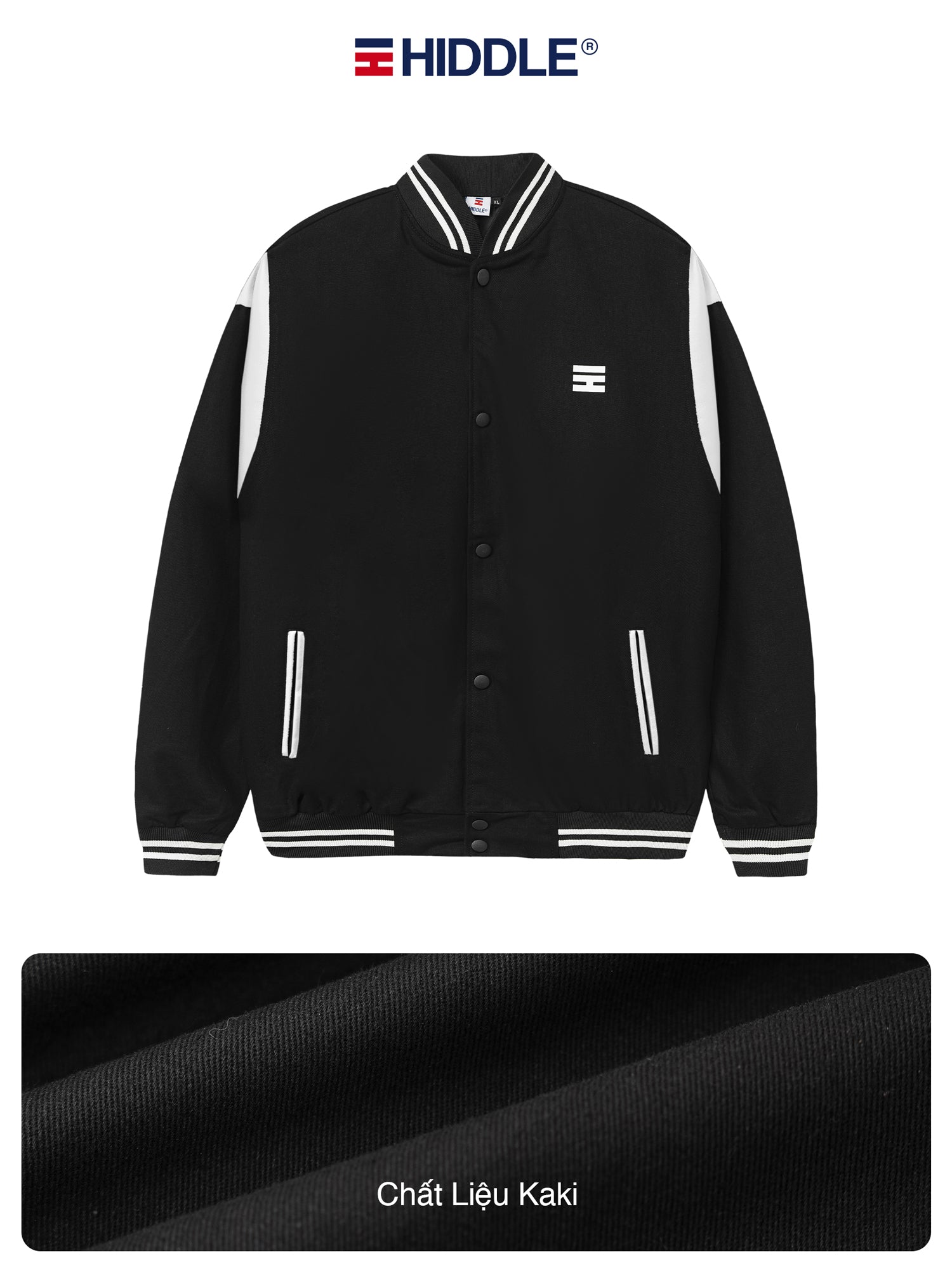 Black jacket with white accents and Hiddle logo on a white background
