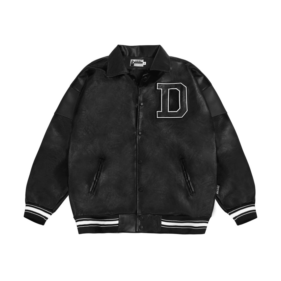 Black leather jacket with a large white letter 'D' on a white background