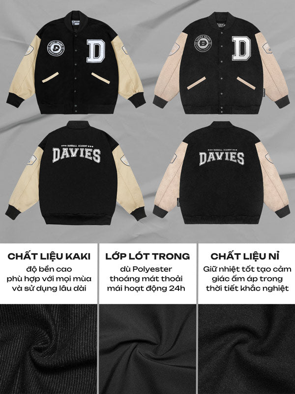 Black and beige varsity jacket with brand logo on a gray background