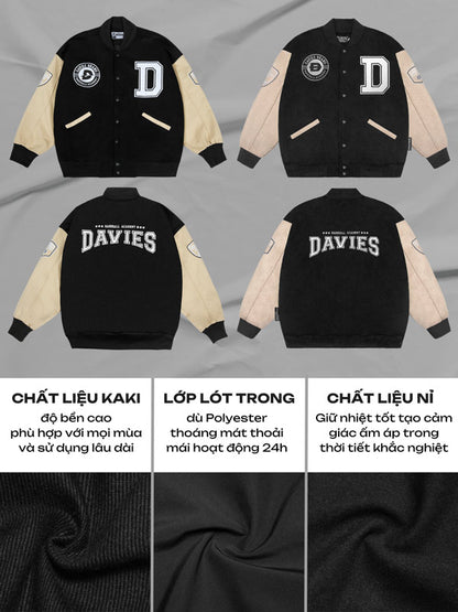 Black and beige varsity jacket with brand logo on a gray background