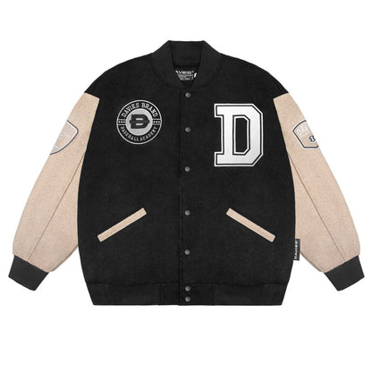 Black and beige varsity jacket with 'D' logo on a white background