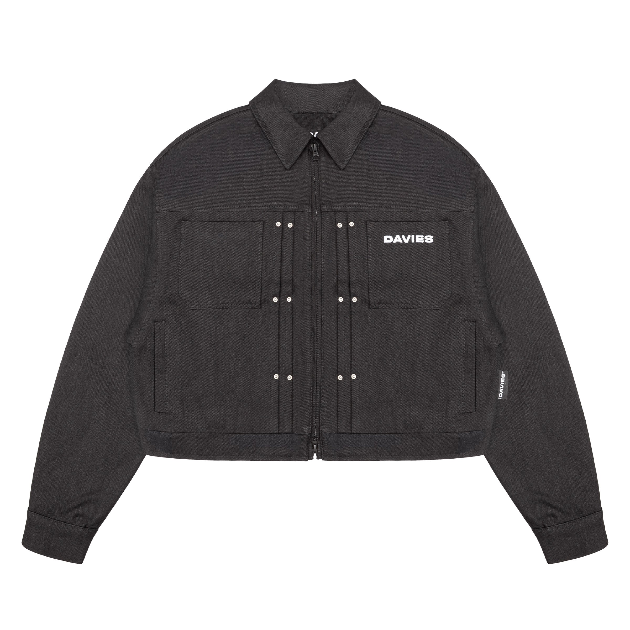 Black jacket with 'DAVIES' branding on a white background
