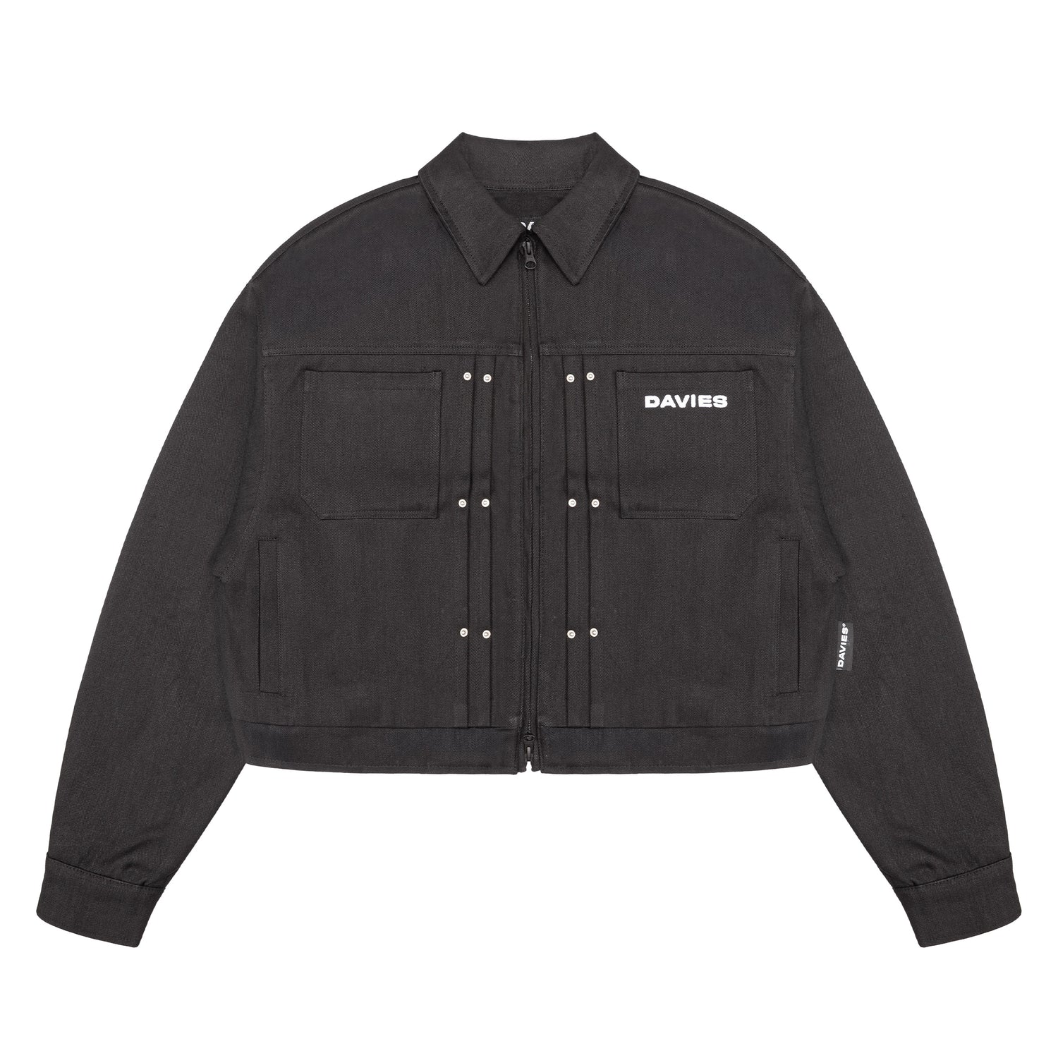 Black jacket with 'DAVIES' branding on a white background