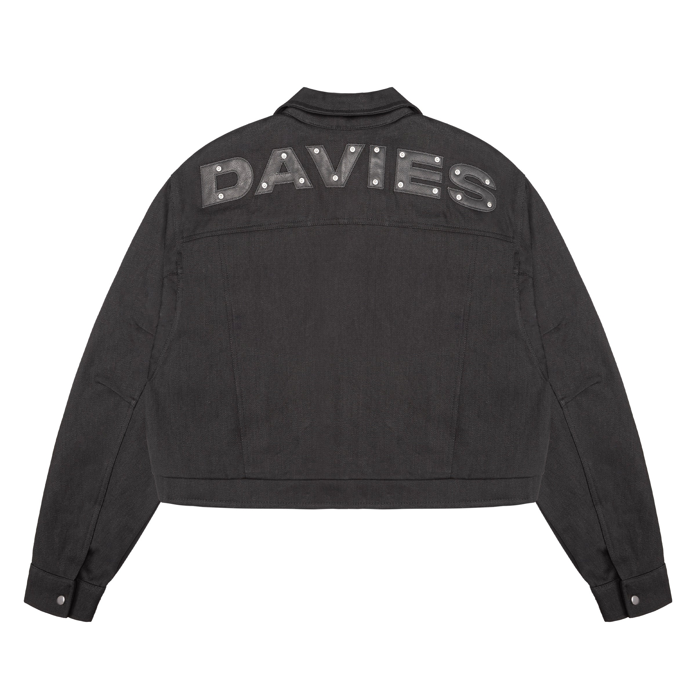 Black jacket with 'DAVIES' branding on the back against a white background