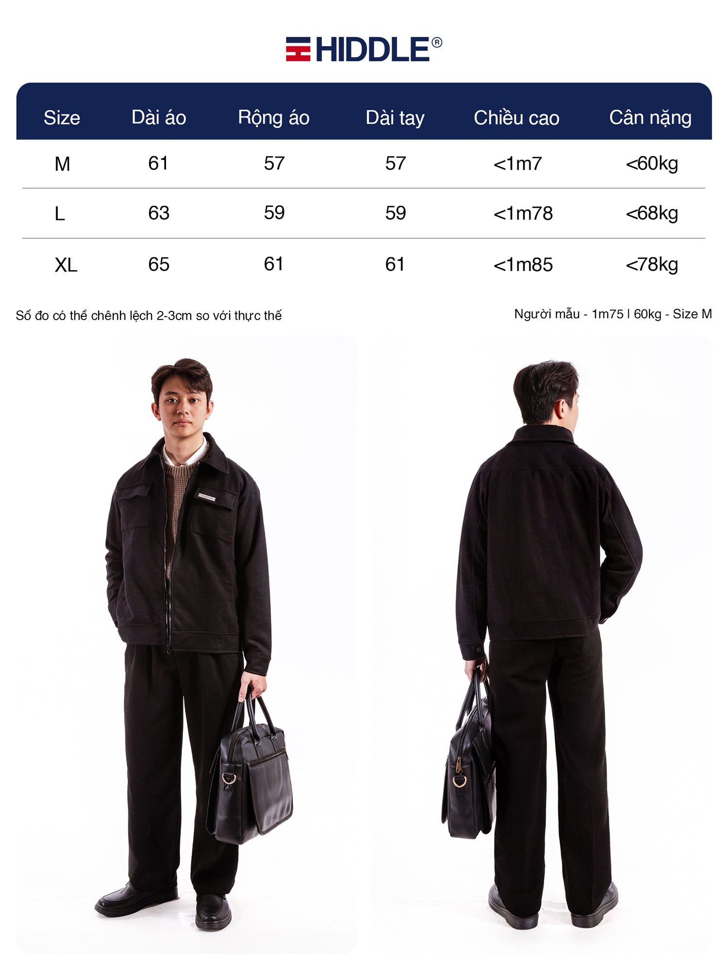 Person wearing a black jacket and pants with Hiddle branding, size chart displayed.